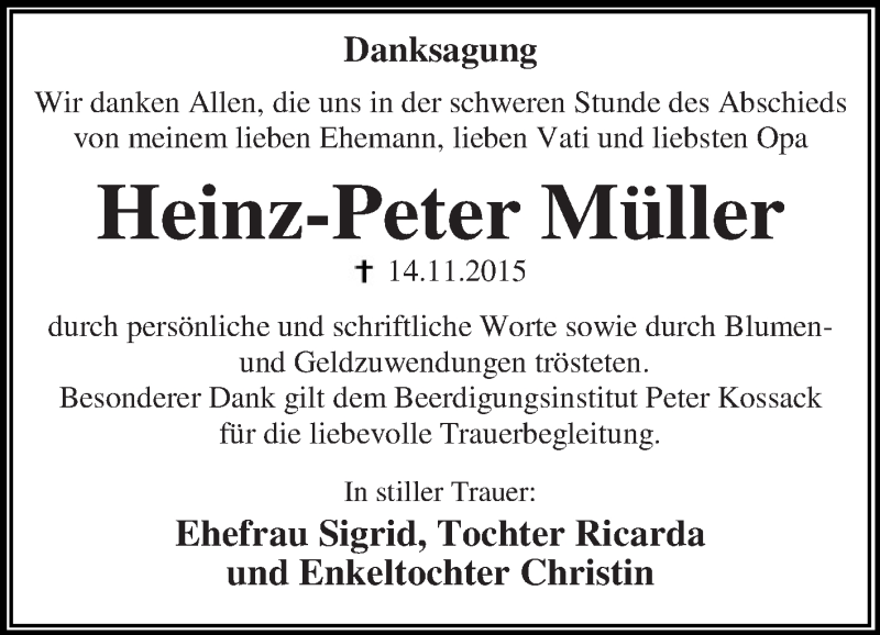  Traueranzeige für Heinz-Peter Müller vom 05.12.2015 aus WVG - Wochenspiegel Dessau / Köthen