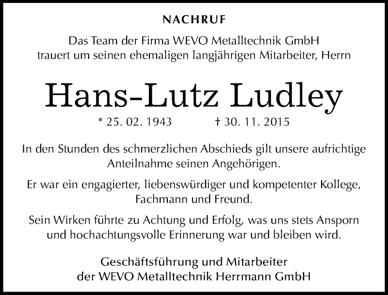  Traueranzeige für Hans-Lutz Ludley vom 15.12.2015 aus Mitteldeutsche Zeitung Dessau-Roßlau
