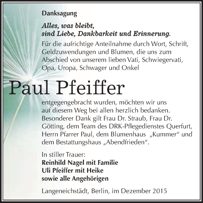  Traueranzeige für Paul Pfeiffer vom 05.12.2015 aus WVG - Wochenspiegel Merseburg