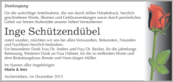 Traueranzeige von Inge Schützendübel von Super Sonntag Aschersleben