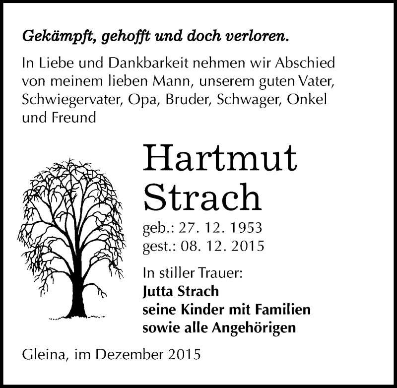  Traueranzeige für Hartmut Strach vom 10.12.2015 aus Mitteldeutsche Zeitung Naumburg/Nebra