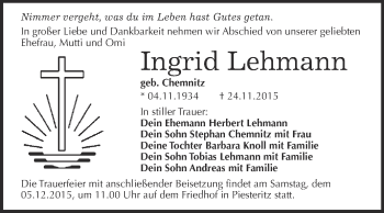 Traueranzeige von Ingrid Lehmann von Super Sonntag Wittenberg