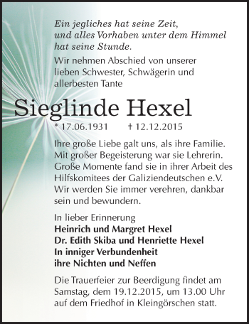 Traueranzeige von Sieglinde Hexel von Mitteldeutsche Zeitung Weißenfels