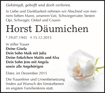Traueranzeige von Horst Däumichen von WVG - Wochenspiegel Wittenberg