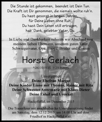 Traueranzeige von Horst Gerlach von Mitteldeutsche Zeitung Sangerhausen
