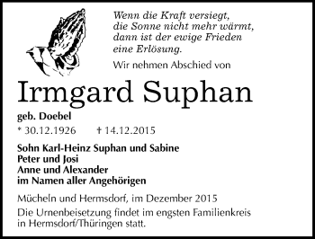 Traueranzeige von Irmgard Suphan von Mitteldeutsche Zeitung Merseburg/Querfurt