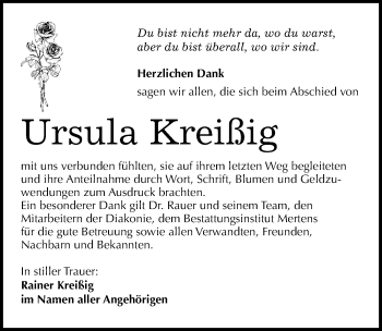 Traueranzeige von Ursula Kreißig von Mitteldeutsche Zeitung Naumburg/Nebra