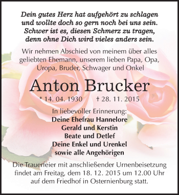 Traueranzeige von Anton Brucker von Mitteldeutsche Zeitung Köthen
