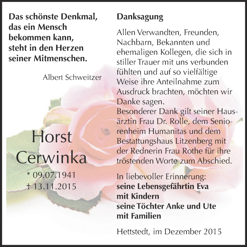  Traueranzeige für Horst Cerwinka vom 09.12.2015 aus Wochenspiegel Mansfelder Land