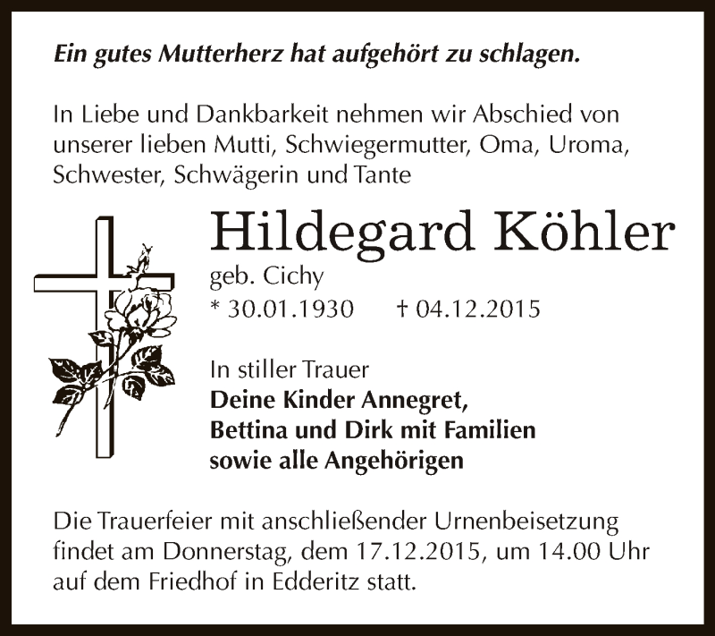  Traueranzeige für Hildegard Köhler vom 12.12.2015 aus WVG - Wochenspiegel Dessau / Köthen