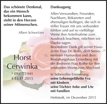 Traueranzeige von Horst Cerwinka von Mitteldeutsche Zeitung Mansfelder Land