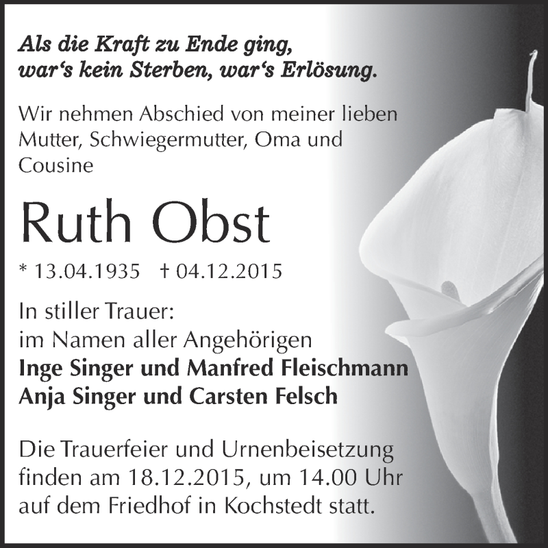  Traueranzeige für Ruth Obst vom 12.12.2015 aus WVG - Wochenspiegel Dessau / Köthen