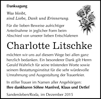Traueranzeige von Charlotte Litschke von Mitteldeutsche Zeitung Mansfelder Land