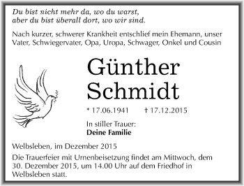Traueranzeige von Günther Schmidt von Mitteldeutsche Zeitung Mansfelder Land