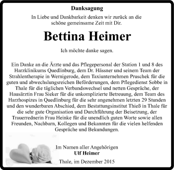 Traueranzeige von Bettina Heimer von Mitteldeutsche Zeitung Quedlinburg