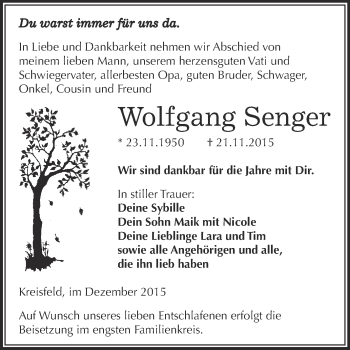 Traueranzeige von Wolfgang Senger von Wochenspiegel Mansfelder Land