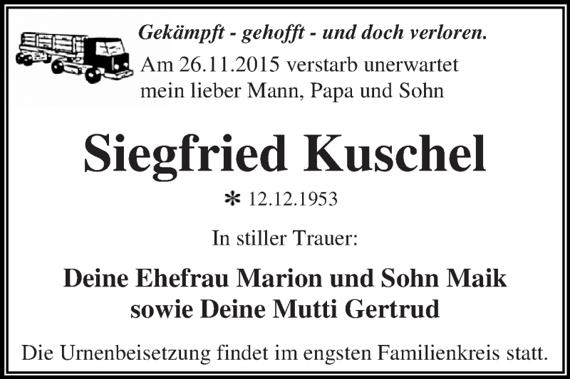  Traueranzeige für Siegfried Kuschel vom 05.12.2015 aus WVG - Wochenspiegel Dessau / Köthen