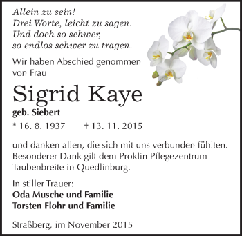 Traueranzeige von Sigrid Kaye von Mitteldeutsche Zeitung Quedlinburg