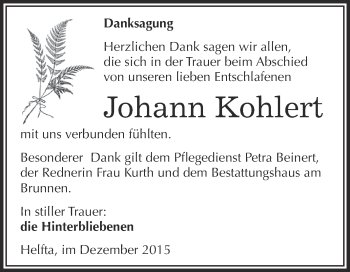 Traueranzeige von Johann Kohlert von Wochenspiegel Mansfelder Land
