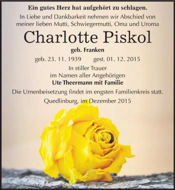 Traueranzeige von Charlotte Piskol von Mitteldeutsche Zeitung Quedlinburg