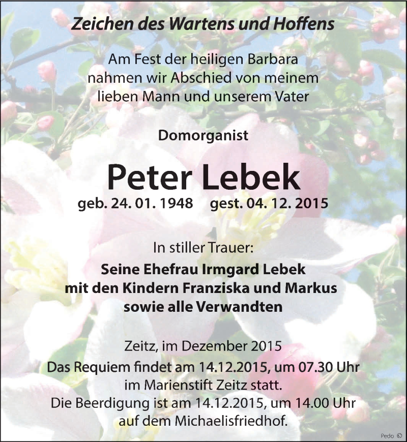  Traueranzeige für Peter Lebek vom 10.12.2015 aus Mitteldeutsche Zeitung Zeitz