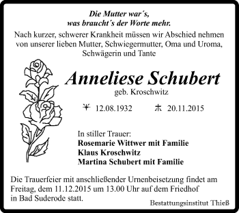 Traueranzeige von Anneliese Schubert von Super Sonntag Quedlinburg