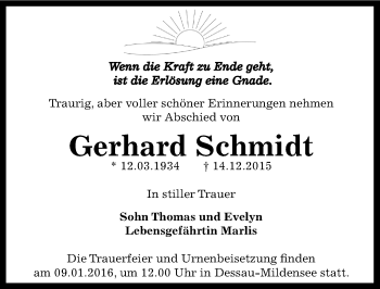 Traueranzeige von Gerhard Schmidt von Mitteldeutsche Zeitung Dessau-Roßlau