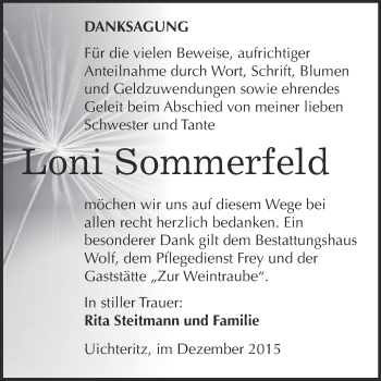Traueranzeige von Loni Sommerfeld von WVG - Wochenspiegel NMB / WSF / ZTZ