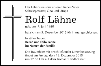 Traueranzeige von Rolf Lähne von Mitteldeutsche Zeitung Halle/Saalkreis