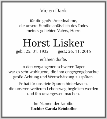 Traueranzeige von Horst Lisker von WVG - Wochenspiegel NMB / WSF / ZTZ