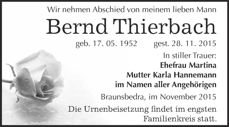  Traueranzeige für Bernd Thierbach vom 05.12.2015 aus WVG - Wochenspiegel Merseburg