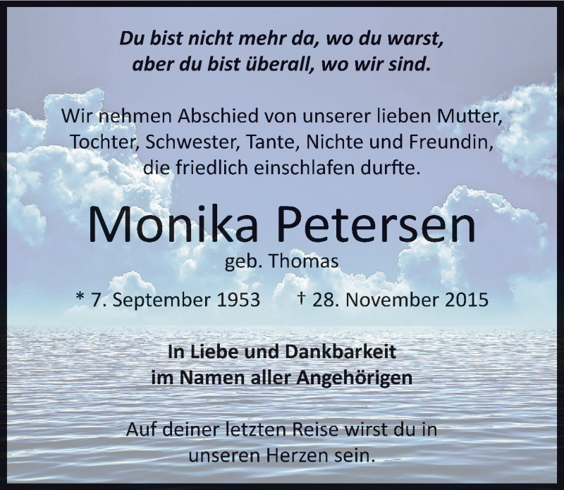  Traueranzeige für Monika Petersen vom 08.12.2015 aus Mitteldeutsche Zeitung Dessau-Roßlau