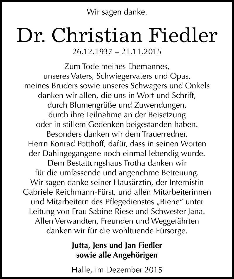  Traueranzeige für Dr. Christian Fiedler vom 12.12.2015 aus Mitteldeutsche Zeitung Halle/Saalkreis