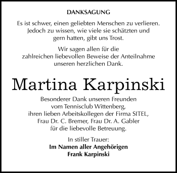 Traueranzeige von Martina Karpinski von Mitteldeutsche Zeitung Wittenberg