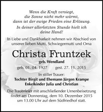 Traueranzeige von Christa Fruntzek von Mitteldeutsche Zeitung Halle/Saalkreis