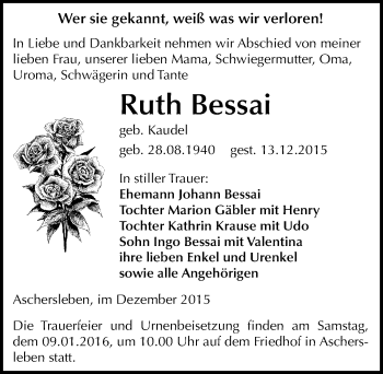 Traueranzeige von Ruth Bessai von Mitteldeutsche Zeitung Aschersleben