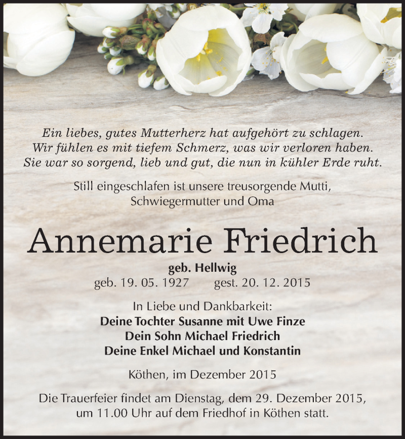  Traueranzeige für Annemarie Friedrich vom 22.12.2015 aus Mitteldeutsche Zeitung Köthen