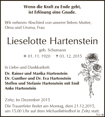 Traueranzeige von Lieselotte Hartenstein von Super Sonntag Zeitz
