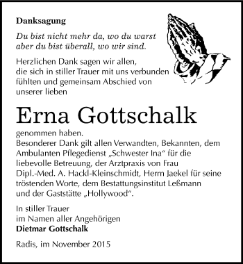 Traueranzeige von Erna Gottschalk von Mitteldeutsche Zeitung Wittenberg
