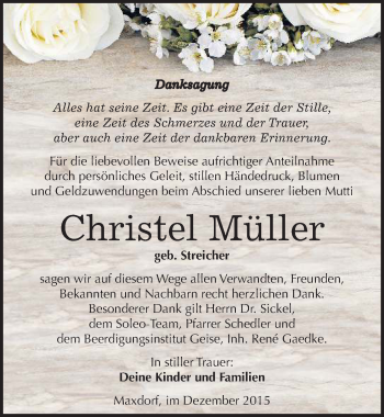 Traueranzeige von Christel Müller von Mitteldeutsche Zeitung Köthen