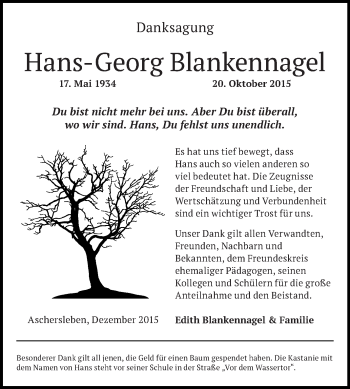Traueranzeige von Hans-Georg Blankennagel von WVG - Wochenspiegel Quedlinburg