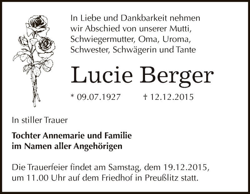  Traueranzeige für Lucie Berger vom 16.12.2015 aus WVG - Wochenspiegel Bernburg