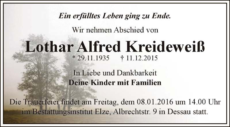  Traueranzeige für Lothar Alfred Kreideweiß vom 19.12.2015 aus WVG - Wochenspiegel Dessau / Köthen
