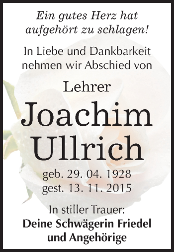 Traueranzeige von Joachim Ullrich von Mitteldeutsche Zeitung Köthen