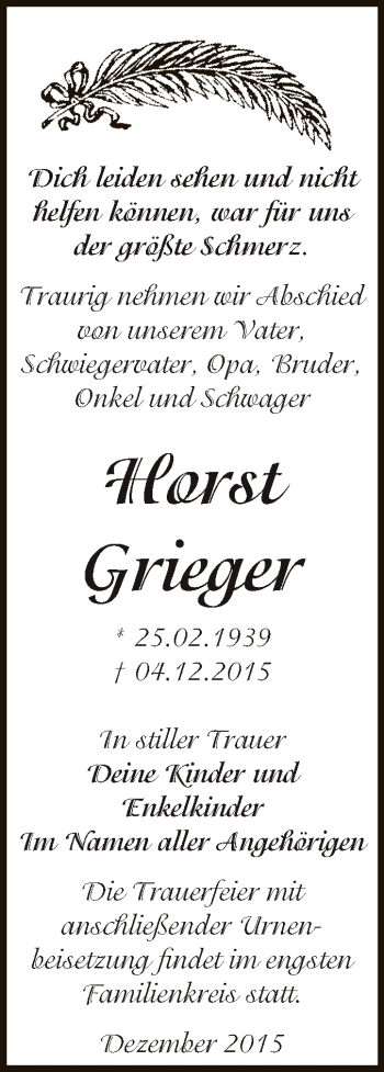 Traueranzeige von Horst Grieger von WVG - Wochenspiegel Dessau / Köthen