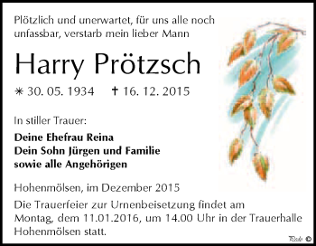 Traueranzeige von Harry Prötzsch von WVG - Wochenspiegel NMB / WSF / ZTZ