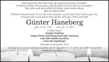 Traueranzeige von Günter Haneberg von Mitteldeutsche Zeitung Mansfelder Land