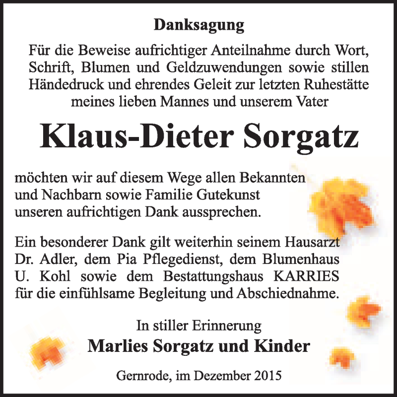  Traueranzeige für Klaus-Dieter Sorgatz vom 19.12.2015 aus WVG - Wochenspiegel Quedlinburg