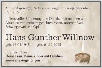 Traueranzeige von Hans Günther Willnow von WVG - Wochenspiegel NMB / WSF / ZTZ