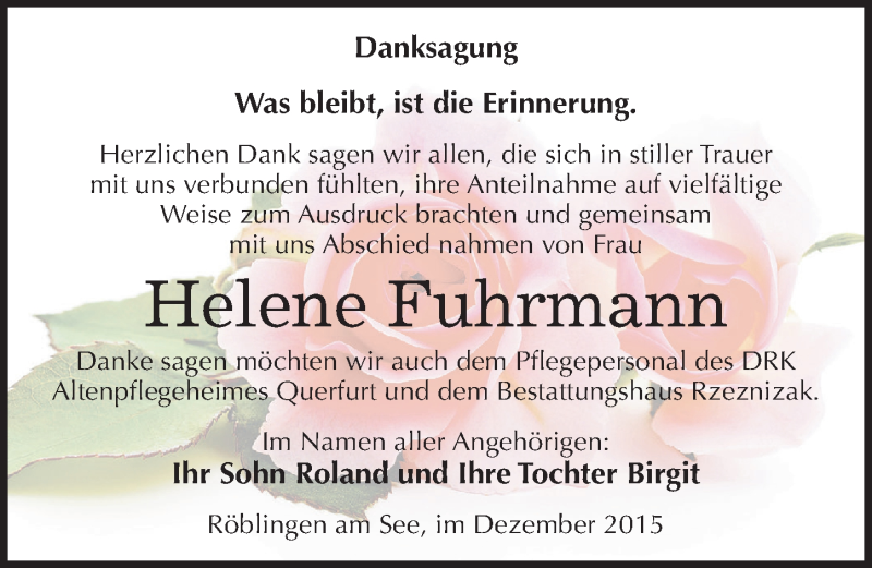  Traueranzeige für Helene Fuhrmann vom 30.12.2015 aus Mitteldeutsche Zeitung Mansfelder Land